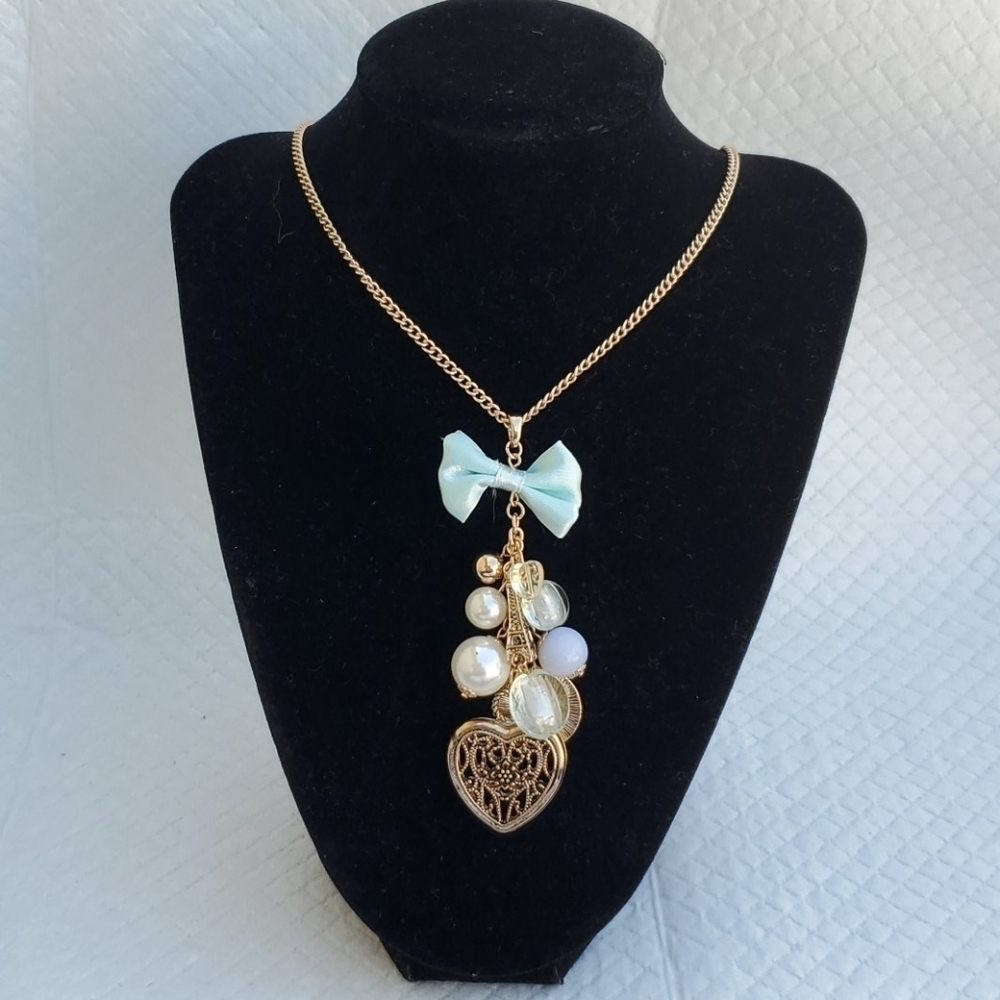 NEW GOLD LONG NECKLACE EIFFEL TOWER PEARL HEART‎ - Picture 5 of 7
